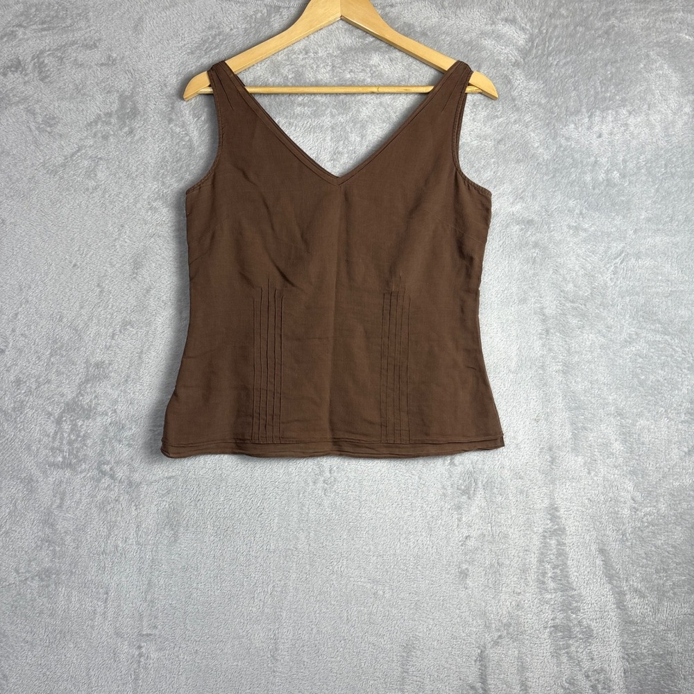 Vintage Silk Cotton Blend Pintuck Sleeveless Top M Brown Minimalist Luxury